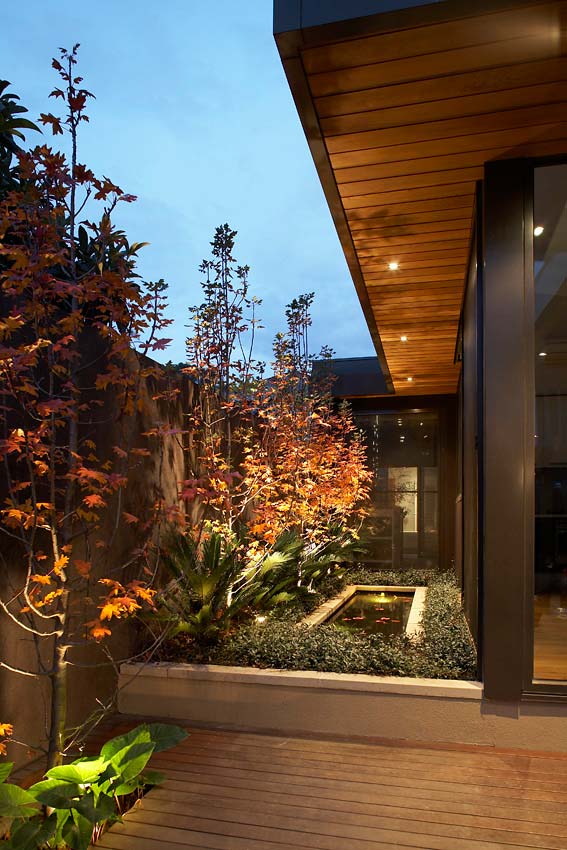 Timber-clad house glowing at dusk behind garden planting
